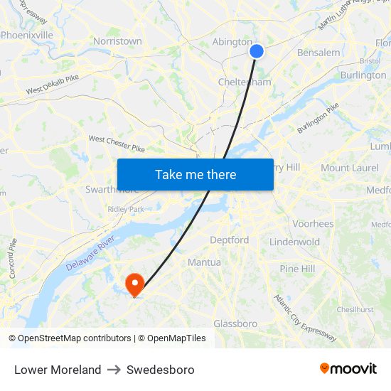 Lower Moreland to Swedesboro map