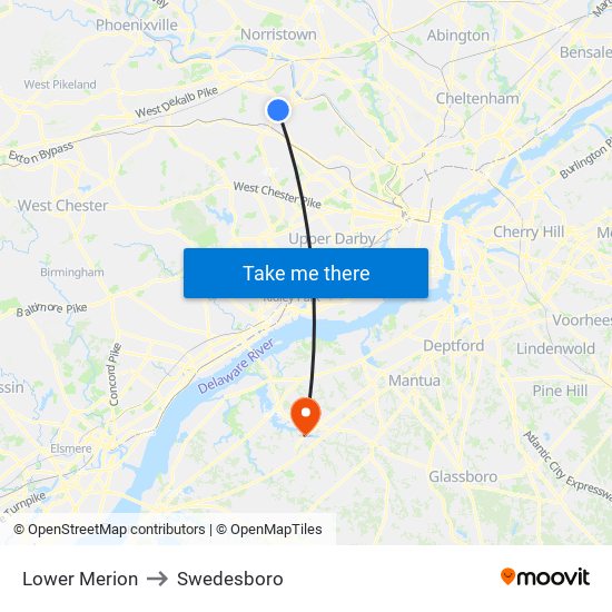 Lower Merion to Swedesboro map