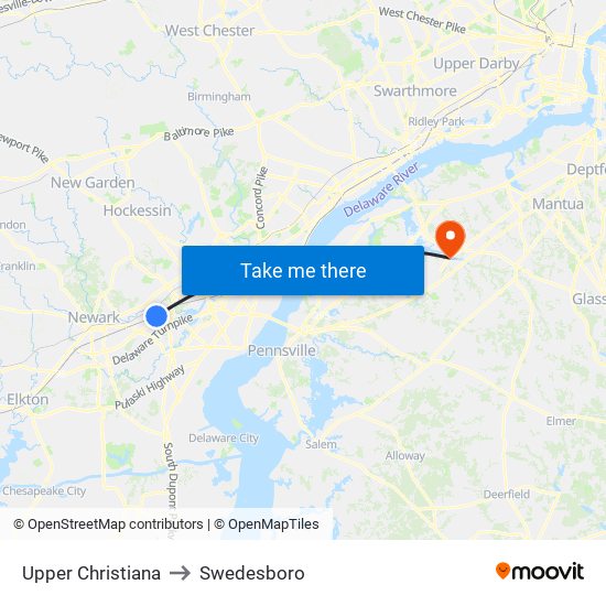 Upper Christiana to Swedesboro map