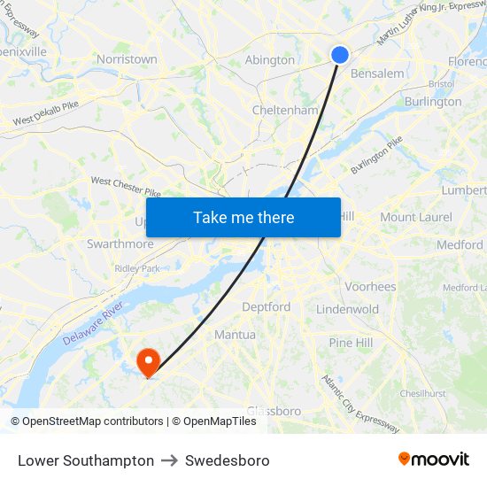 Lower Southampton to Swedesboro map