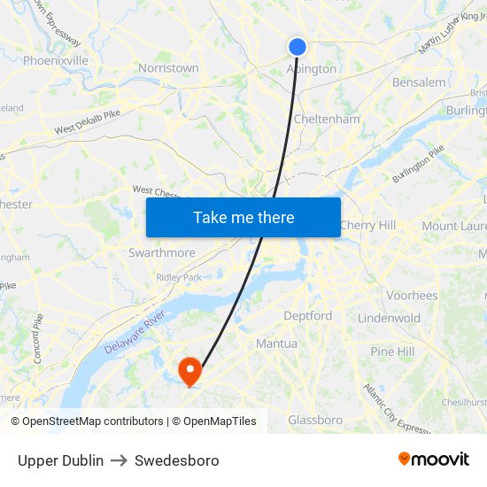 Upper Dublin to Swedesboro map