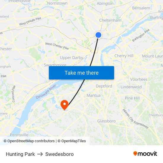 Hunting Park to Swedesboro map