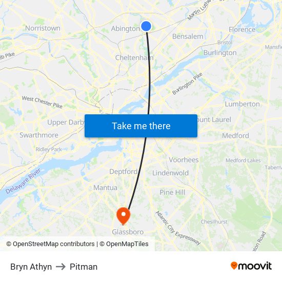 Bryn Athyn to Pitman map