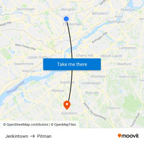 Jenkintown to Pitman map