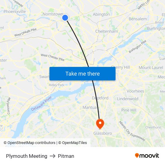 Plymouth Meeting to Pitman map