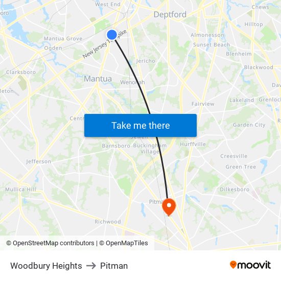 Woodbury Heights to Pitman map