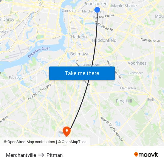 Merchantville to Pitman map