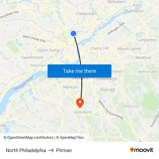 North Philadelphia to Pitman map