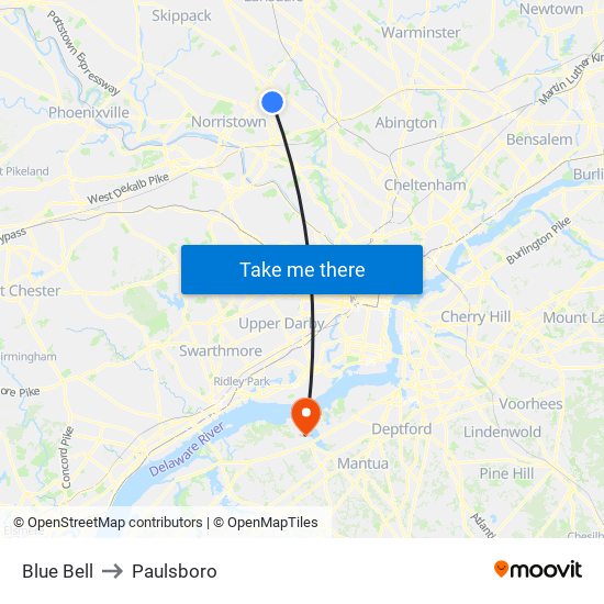 Blue Bell to Paulsboro map