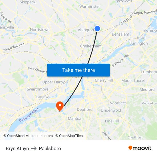 Bryn Athyn to Paulsboro map