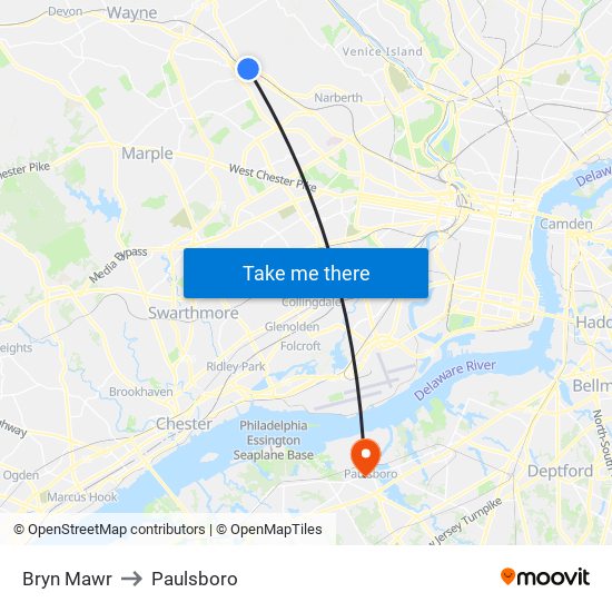 Bryn Mawr to Paulsboro map