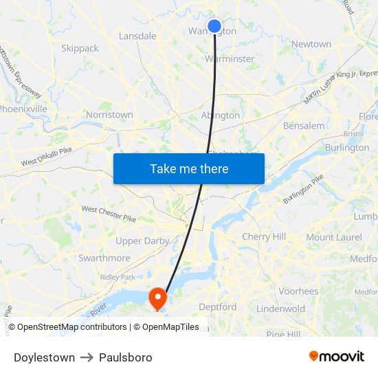 Doylestown to Paulsboro map