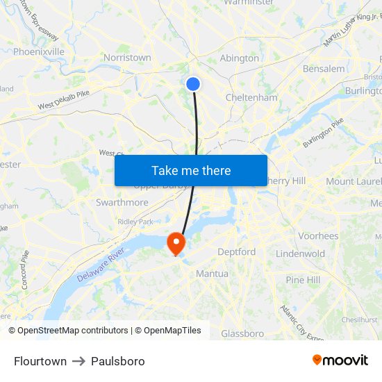 Flourtown to Paulsboro map