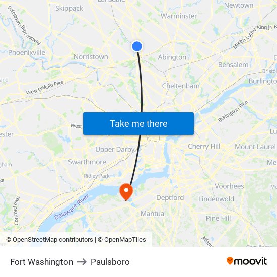 Fort Washington to Paulsboro map