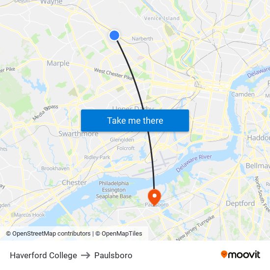 Haverford College to Paulsboro map