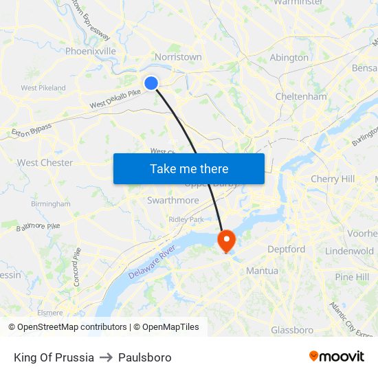 King Of Prussia to Paulsboro map