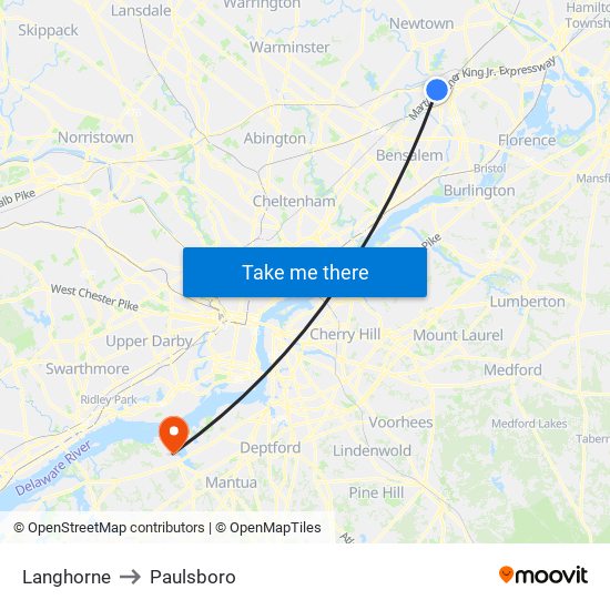 Langhorne to Paulsboro map