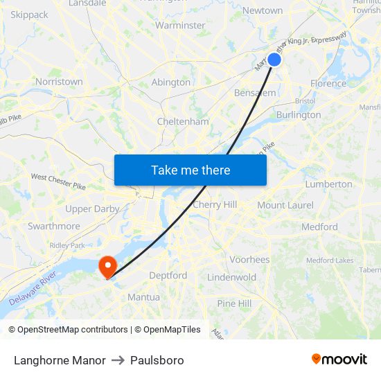 Langhorne Manor to Paulsboro map