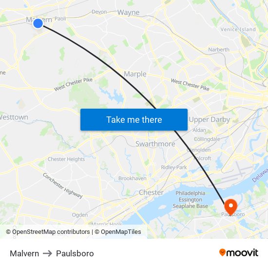 Malvern to Paulsboro map