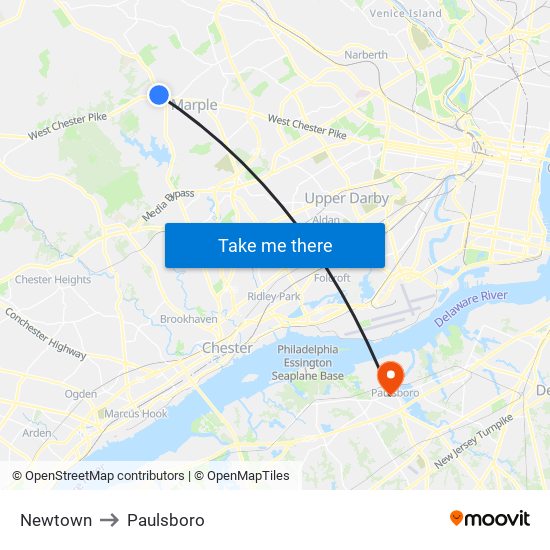 Newtown to Paulsboro map