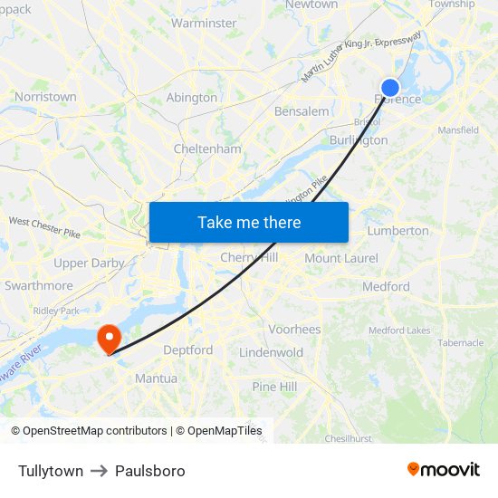 Tullytown to Paulsboro map