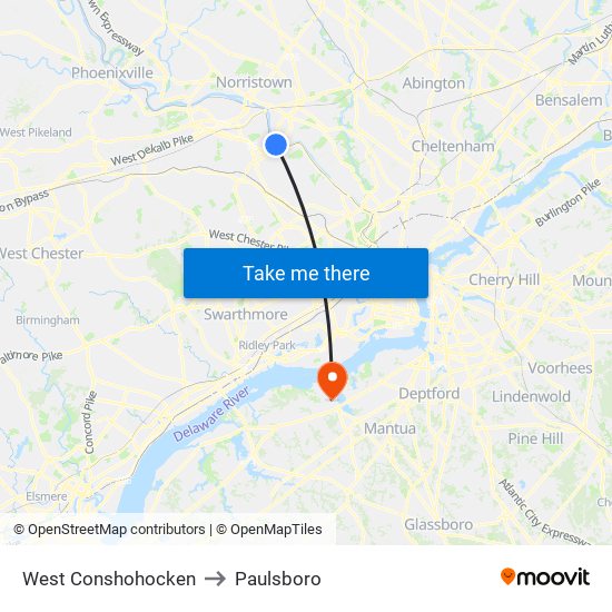 West Conshohocken to Paulsboro map