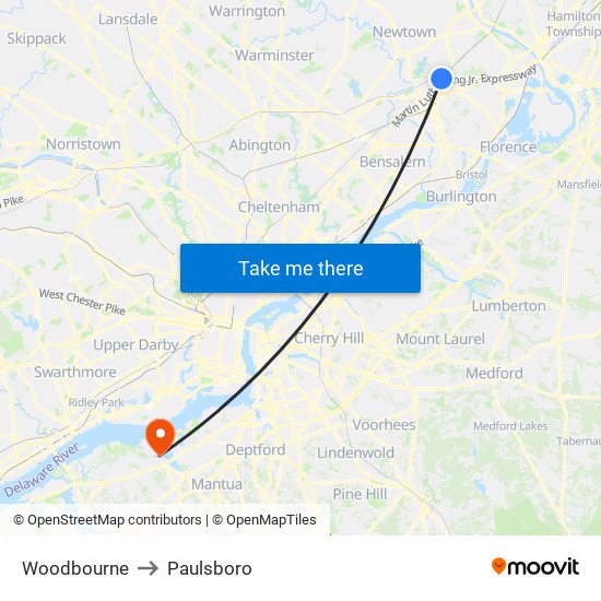 Woodbourne to Paulsboro map