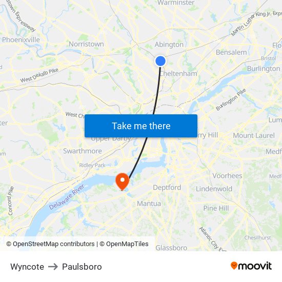 Wyncote to Paulsboro map