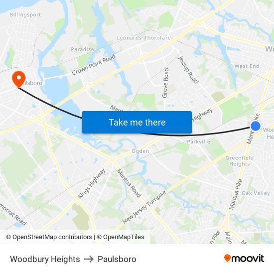 Woodbury Heights to Paulsboro map