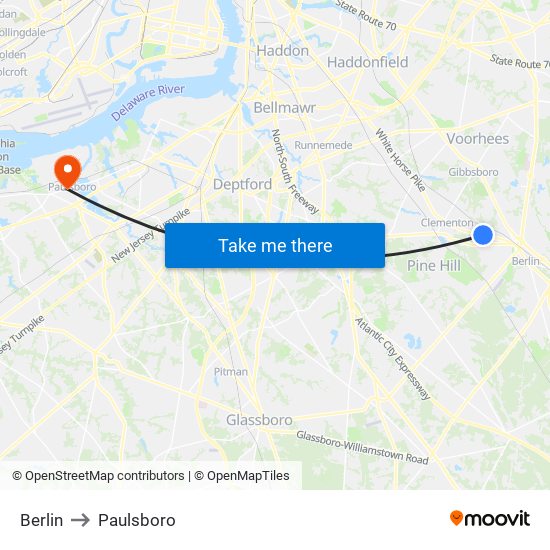 Berlin to Paulsboro map