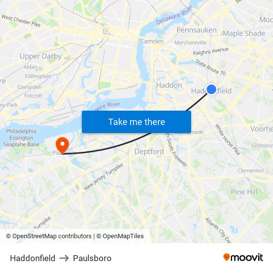 Haddonfield to Paulsboro map