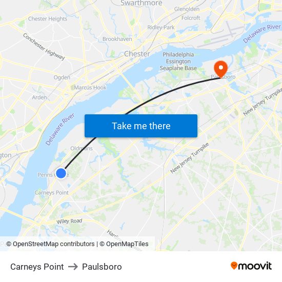 Carneys Point to Paulsboro map