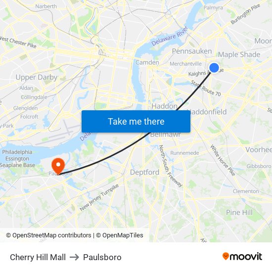 Cherry Hill Mall to Paulsboro map