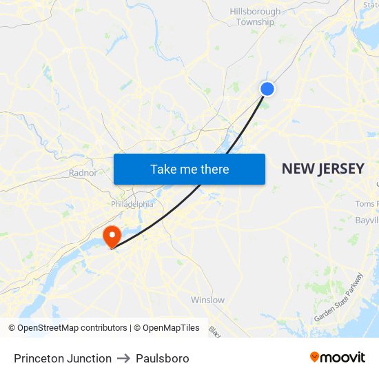 Princeton Junction to Paulsboro map