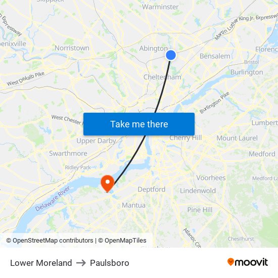 Lower Moreland to Paulsboro map