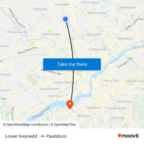 Lower Gwynedd to Paulsboro map