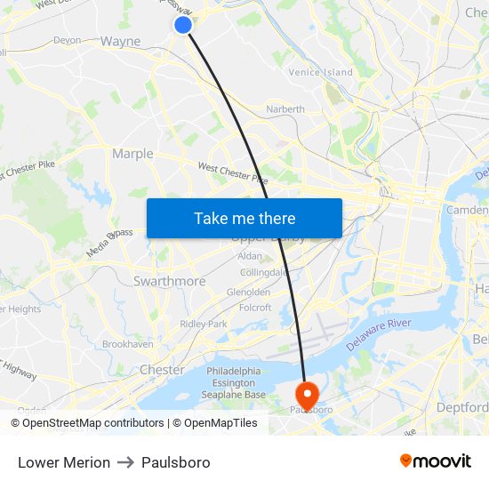 Lower Merion to Paulsboro map