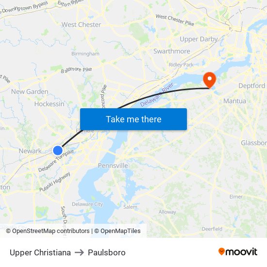 Upper Christiana to Paulsboro map