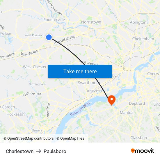 Charlestown to Paulsboro map
