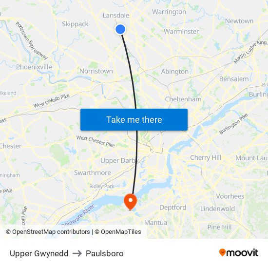 Upper Gwynedd to Paulsboro map