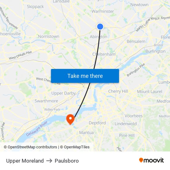 Upper Moreland to Paulsboro map