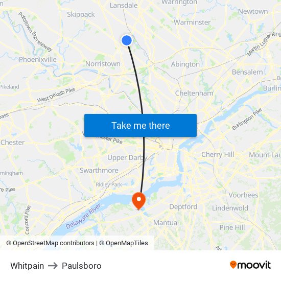 Whitpain to Paulsboro map