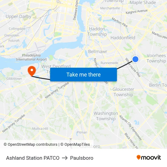 Ashland Station PATCO to Paulsboro map