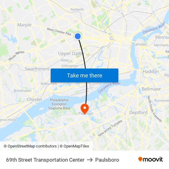69th Street Transportation Center to Paulsboro map