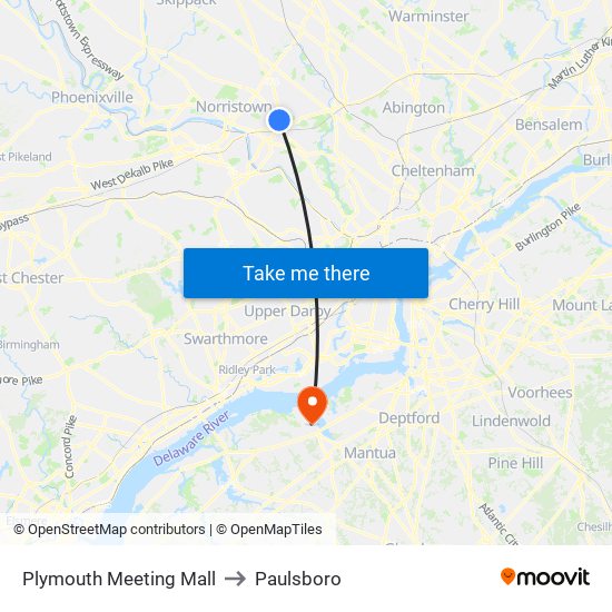 Plymouth Meeting Mall to Paulsboro map