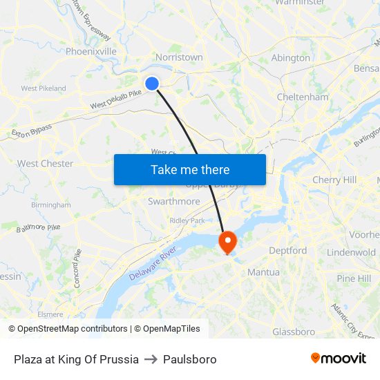 Plaza at King Of Prussia to Paulsboro map