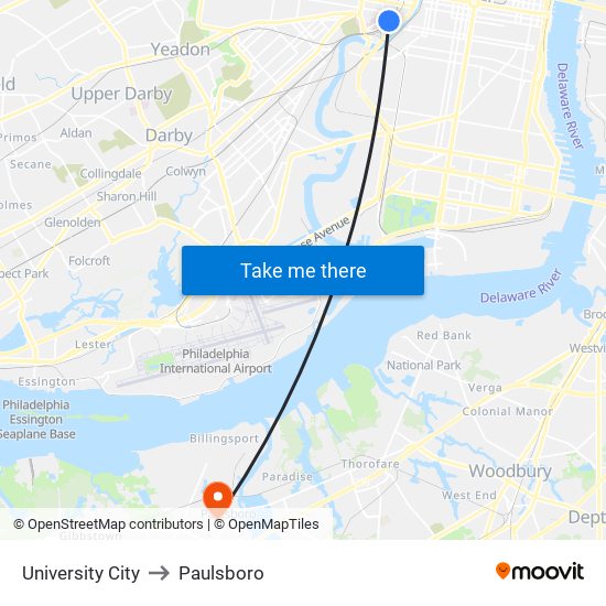 University City to Paulsboro map