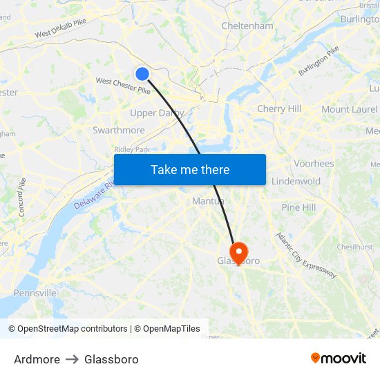 Ardmore to Glassboro map