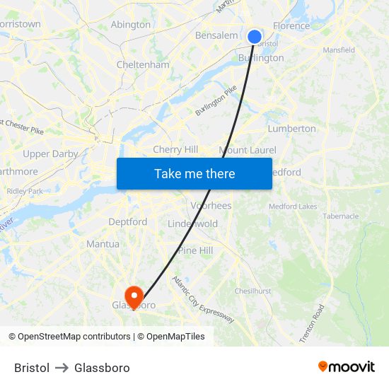 Bristol to Glassboro map