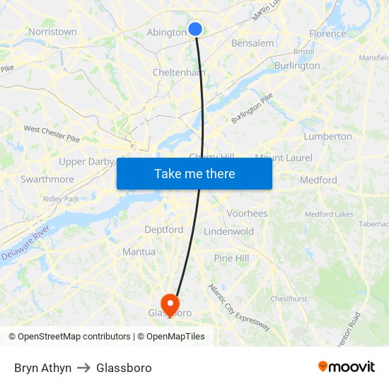 Bryn Athyn to Glassboro map